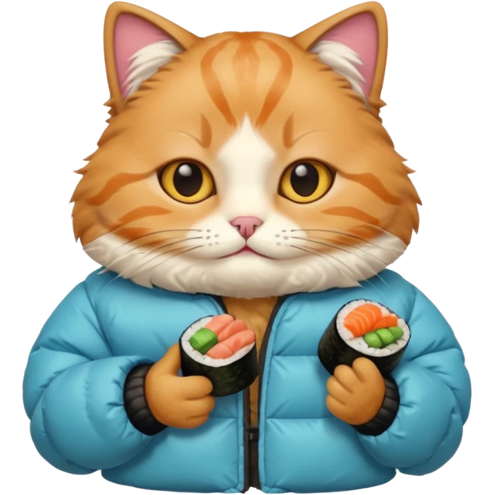 cat wearing a puffy jacket and eating sushi emoji