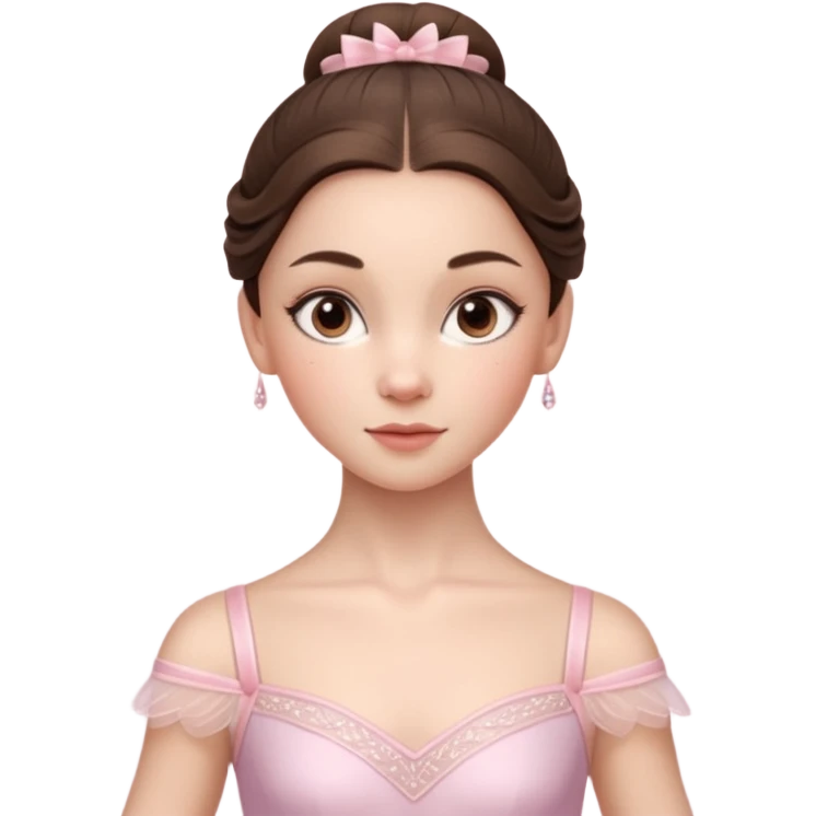 Cinematic Realistic ballerina Portrait, depicted with lifelike skin texture, subtle rosy undertones, and soft natural lighting that enhances the gentle contours of her face. Her intricately detailed sweet brunette hair is elegantly styled, emoji