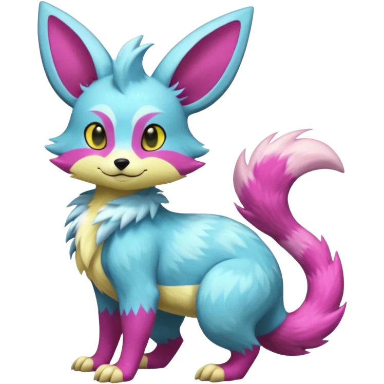 Shiny smooth silky soft Cyan-Yellowish-Magenta Minccino-Zeraora-Emolga-Vernid-Sergal-fusion-hybrid-animal-creature, full body emoji