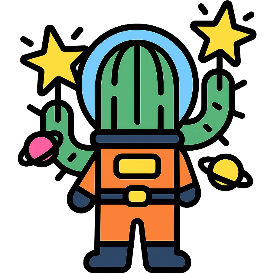 A spacesuit-wearing cactus blooming neon stars instead of flowers, with mini planets on its prickles emoji