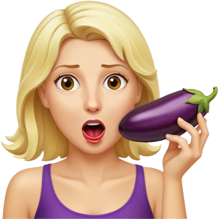 blond woman biting an aubergine, water jet shooting from the eggplant into her mouth, surprised look emoji