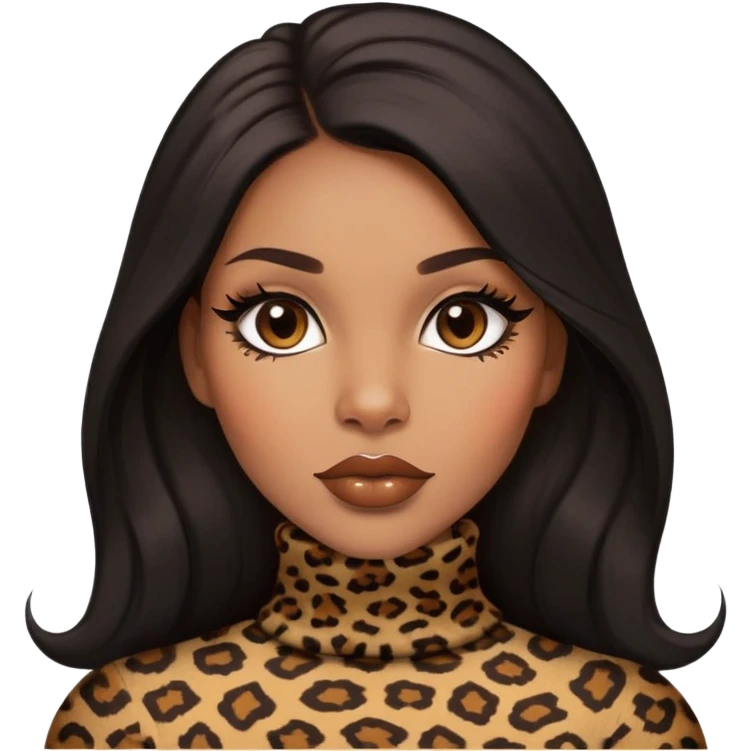 light brown skin tone, very beautiful woman, with big plump lips, long long lashes, black straight long hair, brown eyes, leopard turtle neck emoji