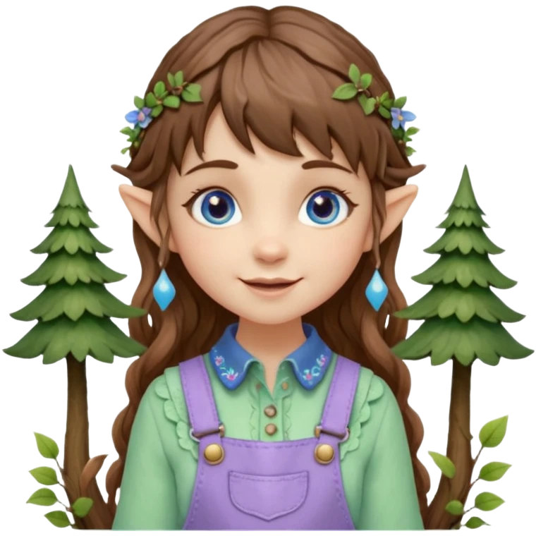 Kind happy whimsical quirky Girl toymaker, wood carving elf. Woodland nature creator. Blue eyes. brown hair (short just-below chin length) wavy hair & bangs. Whimsical playful cute. Overalls with nature embroidered cute shirt collar. Light green, light purple and light blue colour aesthetic  emoji