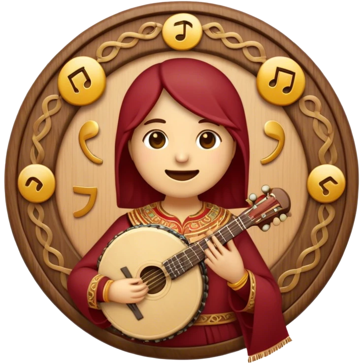 Create a warm and authentic emoji representing folk singing. The design should feature a traditional folk microphone at the center, surrounded by classic instruments such as a bayan (button accordion), gusli (a traditional Russian zither), and a tambourine. Arrange these instruments in a harmonious, circular pattern to evoke a sense of folk music and community performance. Use natural, earthy colors like wood brown, deep red, and golden accents to reflect the rustic and heartfelt spirit of folk music. Add subtle musical notes to the background to convey the rhythm and harmony of the performance. The background should be transparent. emoji