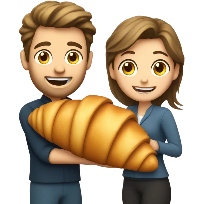 a happy caucassian woman and a man are  holding a croissant emoji