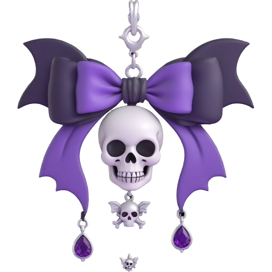 gothic bow with deep amethyst velvet, silver skull charm, black rose center, and dangling bat charm, rich and gothic emoji