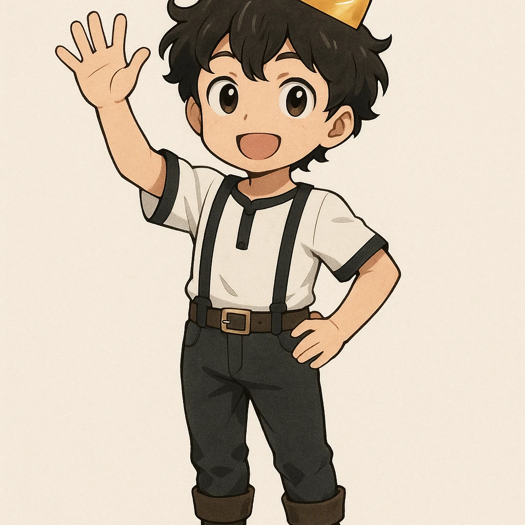 young anime boy with dark wavy hair, wearing a simple golden crown, white shirt with black trims and black suspenders, dark pants with belt and boots, standing confidently with one arm raised saying hello emoji
