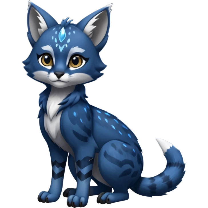 Cute kawaii cool edgy badass  glossy midnight-blue fur with silver starlight dusting fantasy-caracal-civet-genet-sergal-vernid-Gryphon-Cacomistle-Trico-oncilla-animal-Fakémon-hybrid-fursona (full body), facial markings, (realism style) emoji