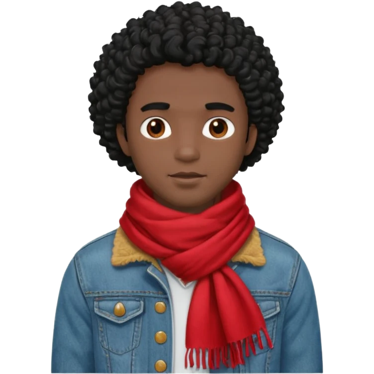 black skin man, curly black hair wear big red scraft, jean jacket emoji