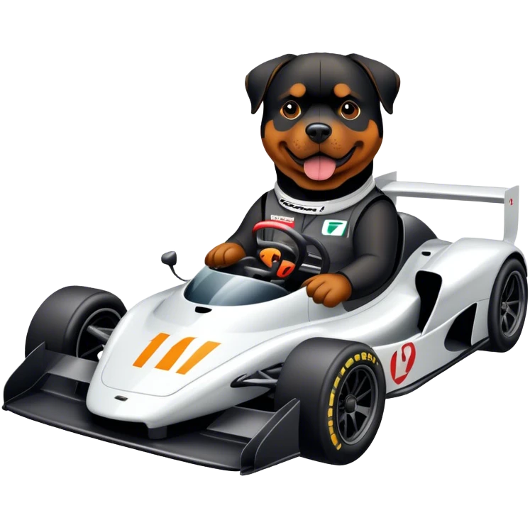 Rottweiler in an McLaren f1 race car  emoji
