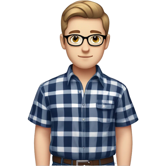 A chubby young white male teenager with facial stubble, thick black glasses, neatly trimmed short brown hair, exuding confidence, clad in a navy blue and white checked plaid short sleeve shirt that is unbuttoned with a white t-shirt underneath. emoji
