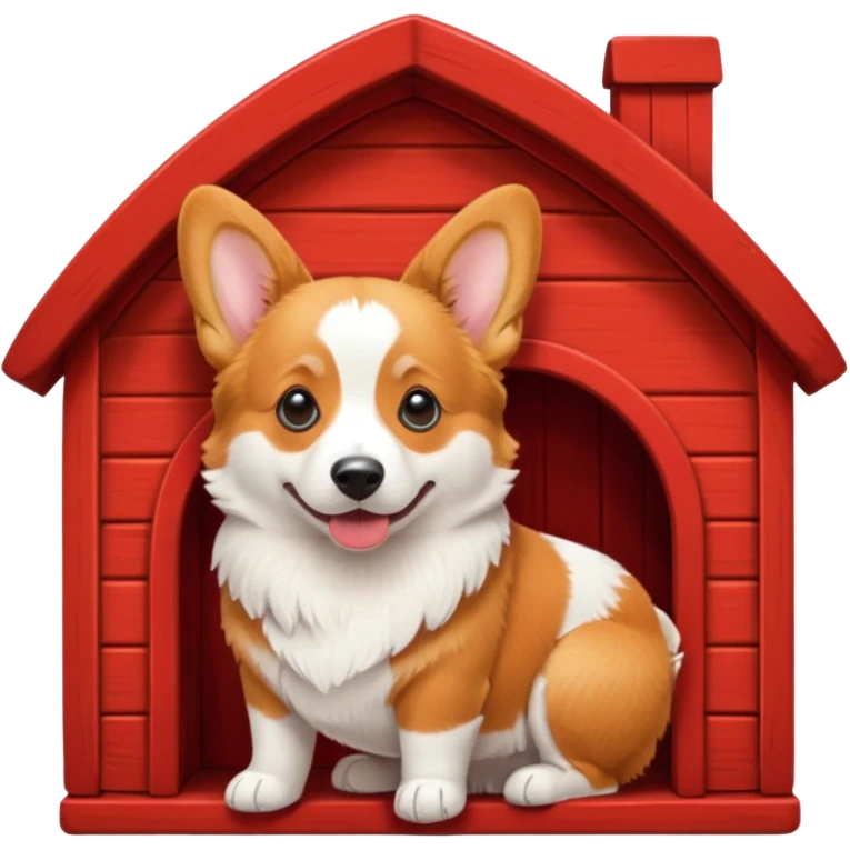 a corgi dog resembling the real Apple emoji dog inside a red dog house emoji