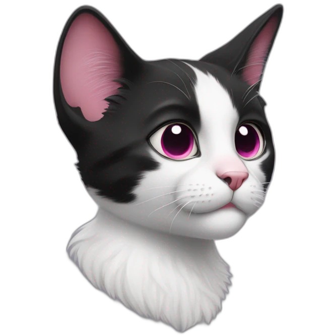 young black and white cat walking profile with round eyes, a pink nose, the white fur on his face only goes under the eyes to the bottom of his face, whispy tips on ears emoji