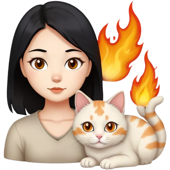 asian black hair girl with brown eyes and a mole on the right chin with flame point ragdoll cat and An American shorthair cat emoji
