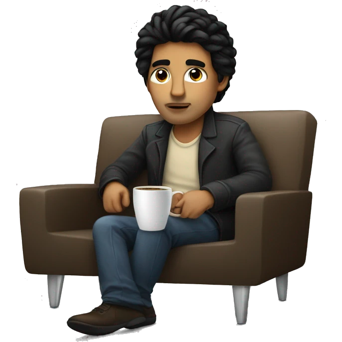 programmer with black hair programming in his mac, having coffee as well, sitting on the couch like a boss emoji