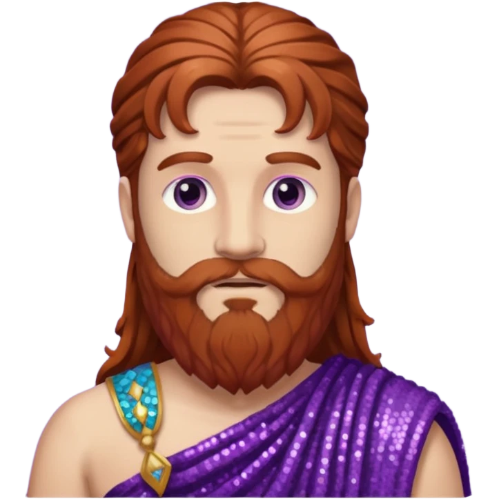 Liber from Roman Deities with long auburn hair and beard, purple sequin toga emoji