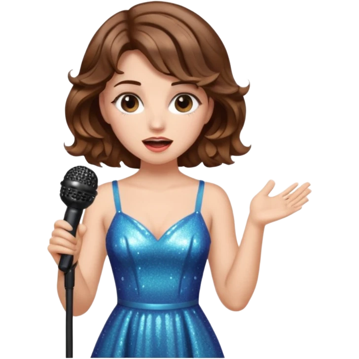 A short wavy female singer in sparkling dress holding a mic with emotional expression emoji