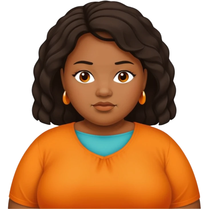 overweight black woman with organge blouse not smiling emoji