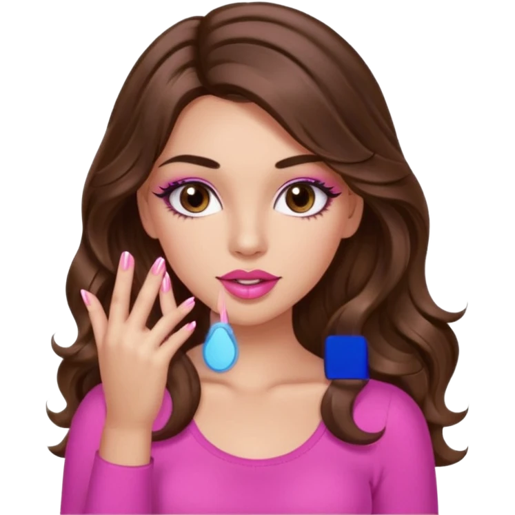 girl with long wavy brown hair, brown eyes, light to medium complexion, in a pink sexy top, pink lips, long lashes, puckered lips, showing my manicure one hand 5 fingers emoji