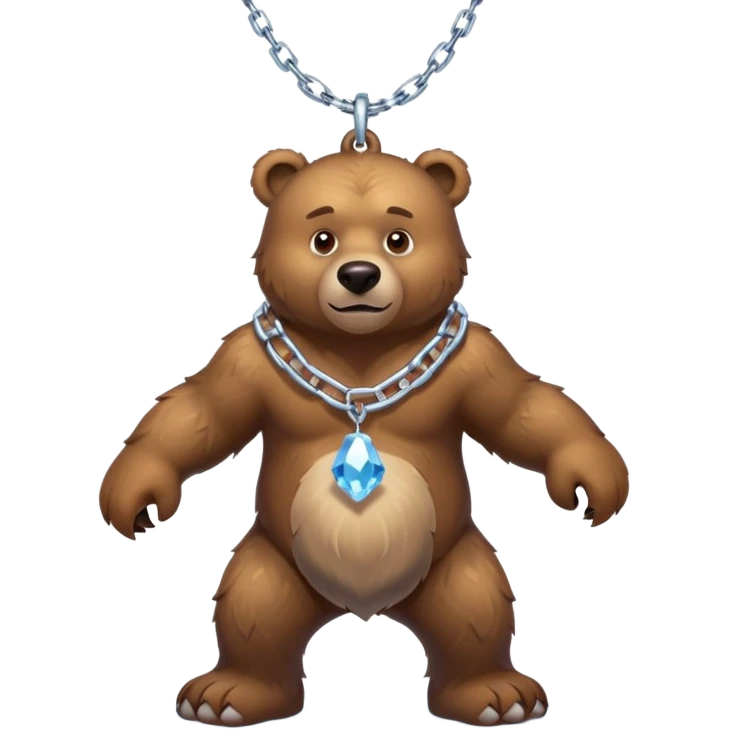 Fierce brown bear walking on four paws with an ice chain necklace, frozen chain links made of crystal clear ice, serious face emoji