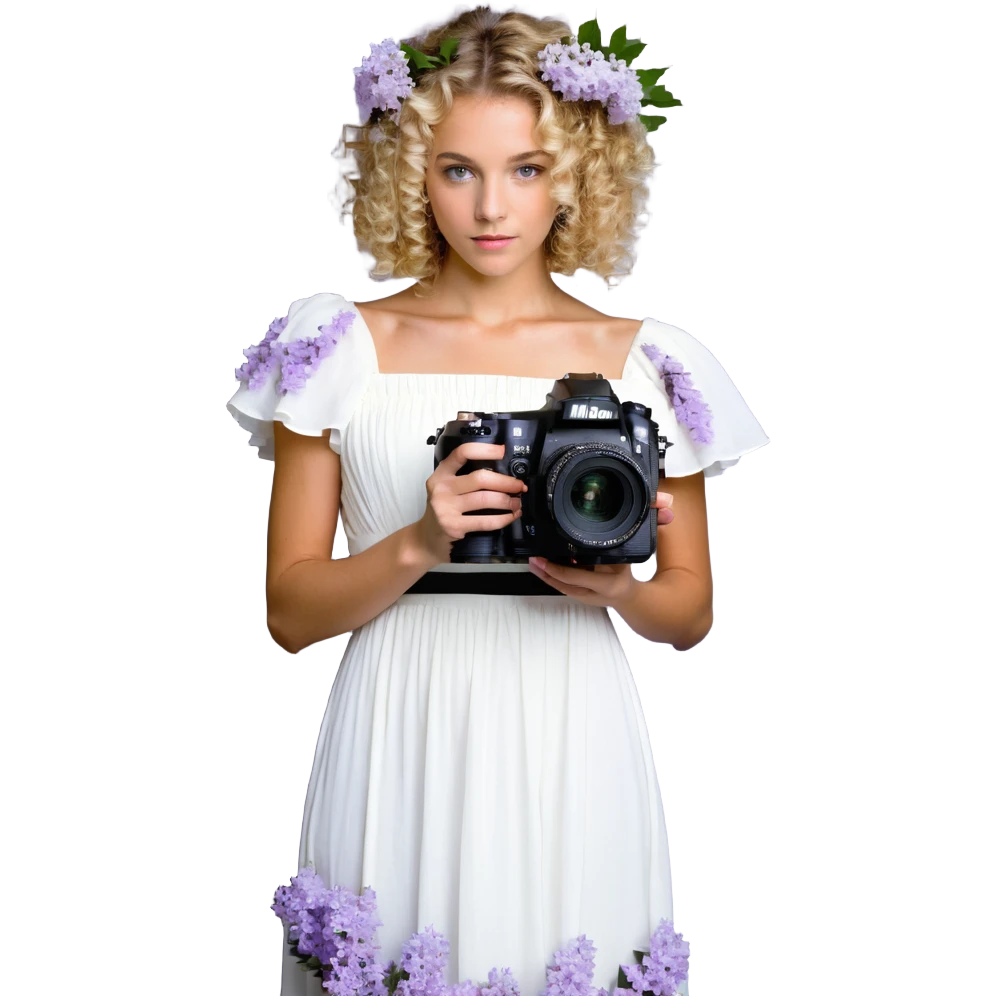 mujer rubia de rulos de 50 años con cámara Nikon y vestido largo blanco con flores lilas emoji