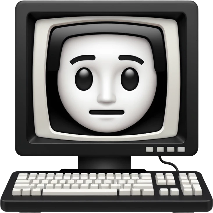 White and black 80s computer with face emoji