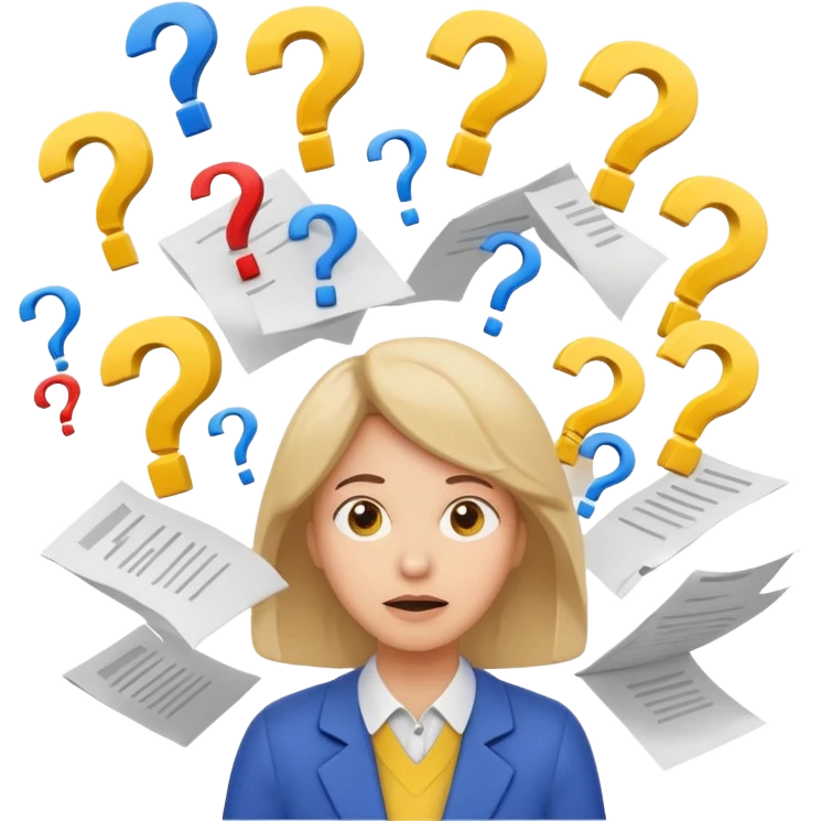 A kindergardenteacher with an overwhelmed expression, surrounded by flying papers and three question marks. emoji