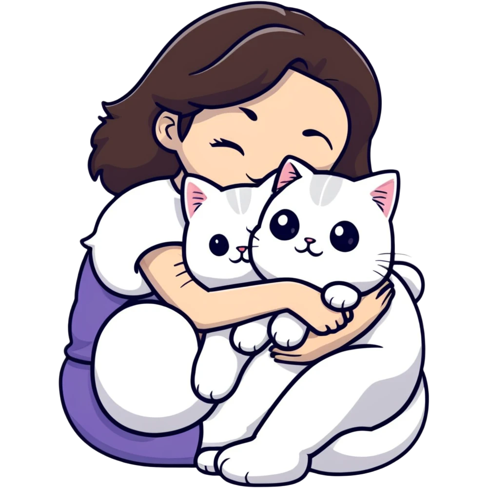 brunette girl snuggling white Persian cat emoji