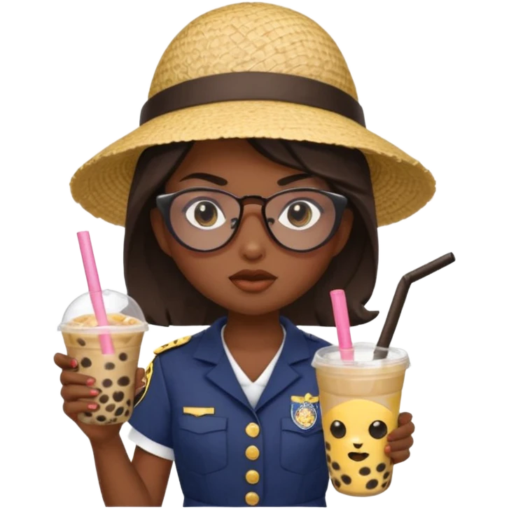 A Angry Teen Female with Dark skin and Bald, oval face, wearing a Uniform outfit, a Sunhat, Sunglasses, carrying a Enchanted staff, working as a teacher, while drinking Bubble tea and reading a Comic.
 emoji