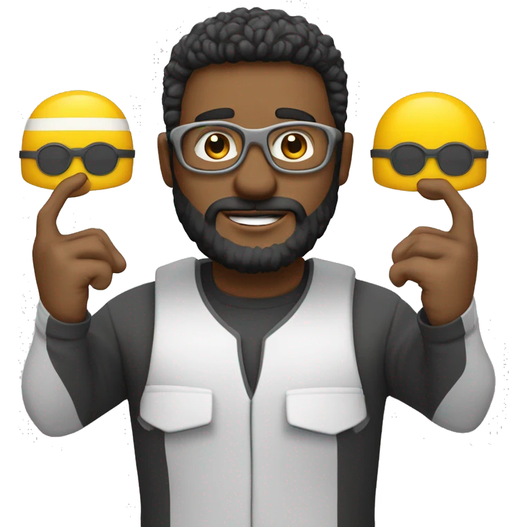Trabalhador com capacete de segurança oculos e barba rala, pele branca, olhos escuros preto emoji