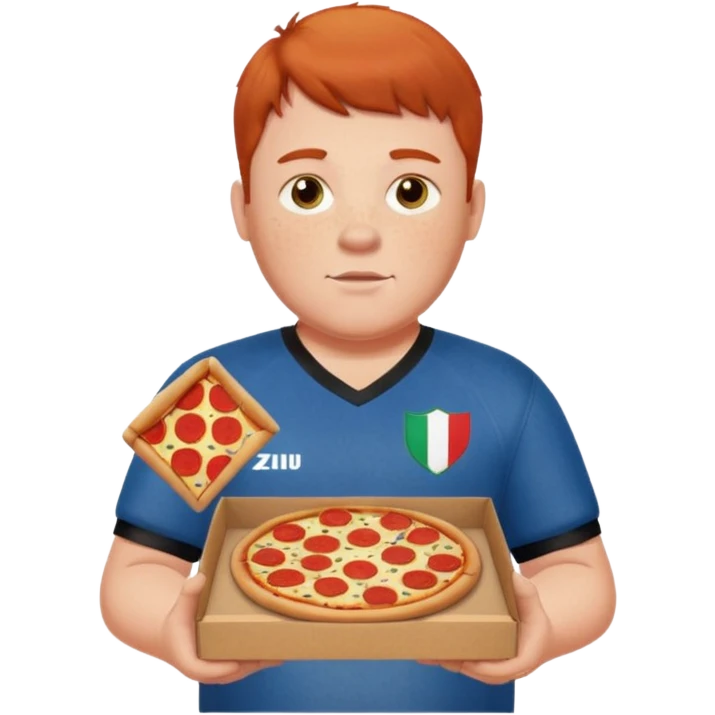 chubby light-freckled red-headed man with faded haircut and styled bangs, wearing black baggy jeans and 2024 Italian home court soccer jersey, holding a pizza box emoji