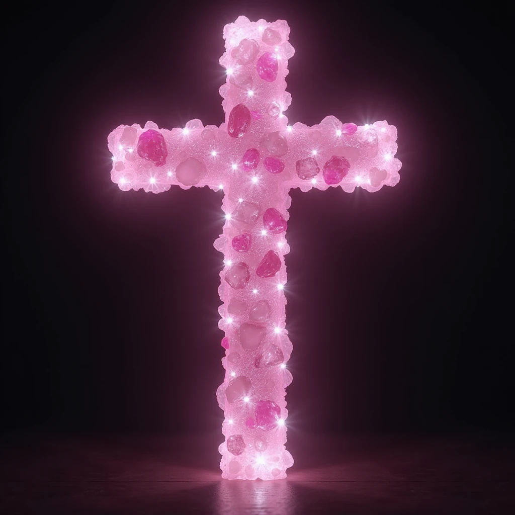 realistic gothic cross, pink with crystals and a glowing aura, photorealistic style, no background emoji