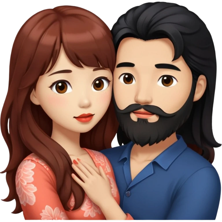 handsome mysterious asian man with long black hair and beard, hugging cute tan skin woman with long wavy reddish brown hair with bangs and coral lipstick emoji