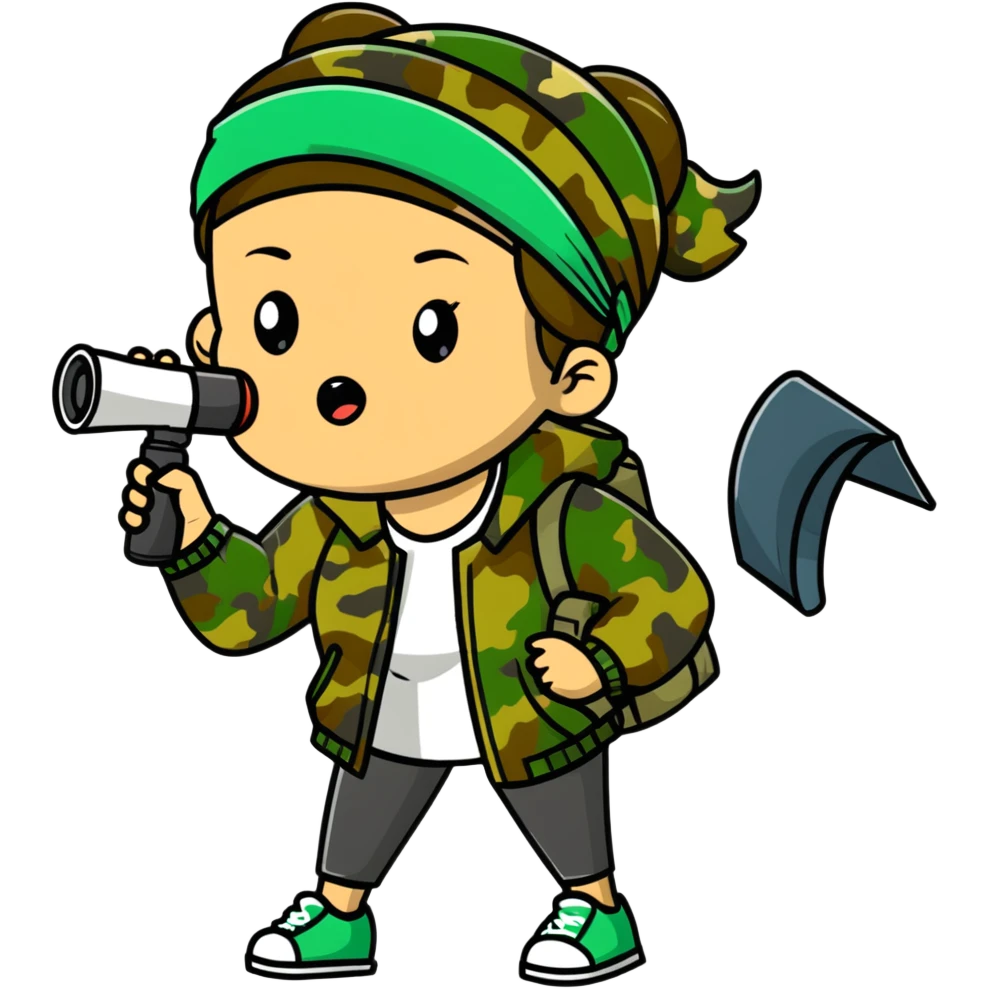 woman with green headband, camo jacket, holding a megaphone, looking annoyed emoji