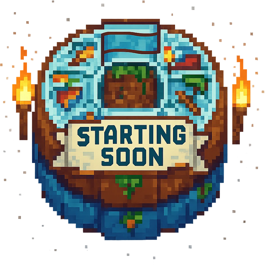 Add animated elements like flickering torches, falling particles, or a waving banner, in pixel art Minecraft Twitch starting soon style. Preserve transparent background in pixel art style. emoji
