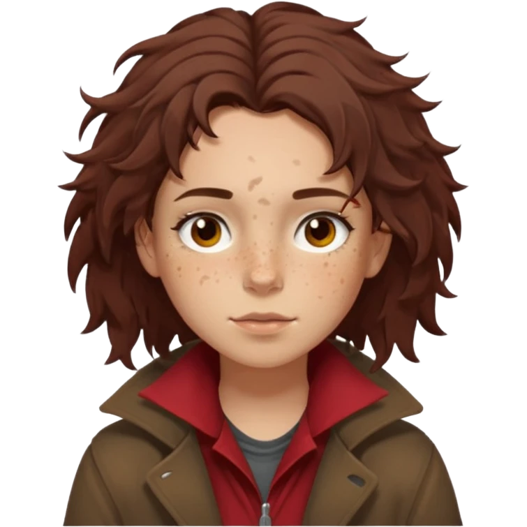Hobo tomboy with light skin, freckles, dark brown shoulder-length hair in a messy style, brown eyes, dark brown coat, dull red shirt. emoji