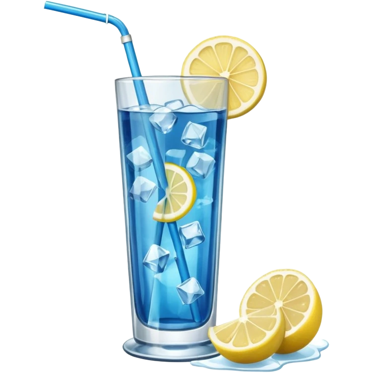 A tall glass of blue lagoon with lemon slices, ice cubes, and a curved straw.
 emoji