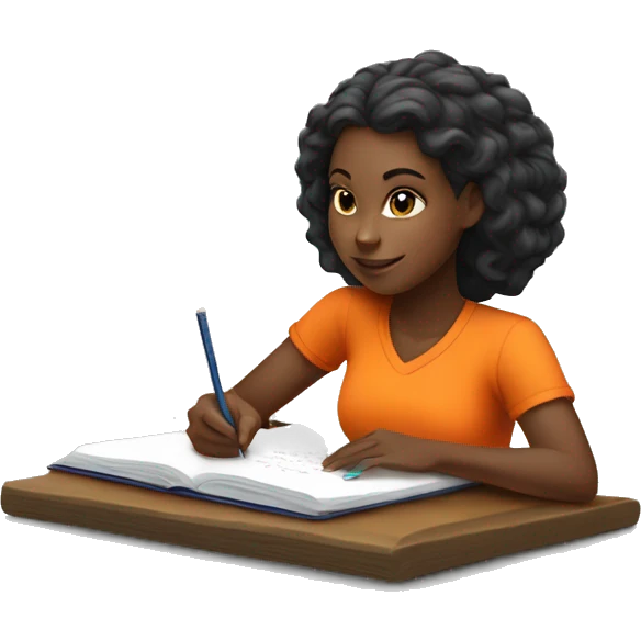 black girl in an orange shirt writing with a pencil in a journal and is turned to the left emoji