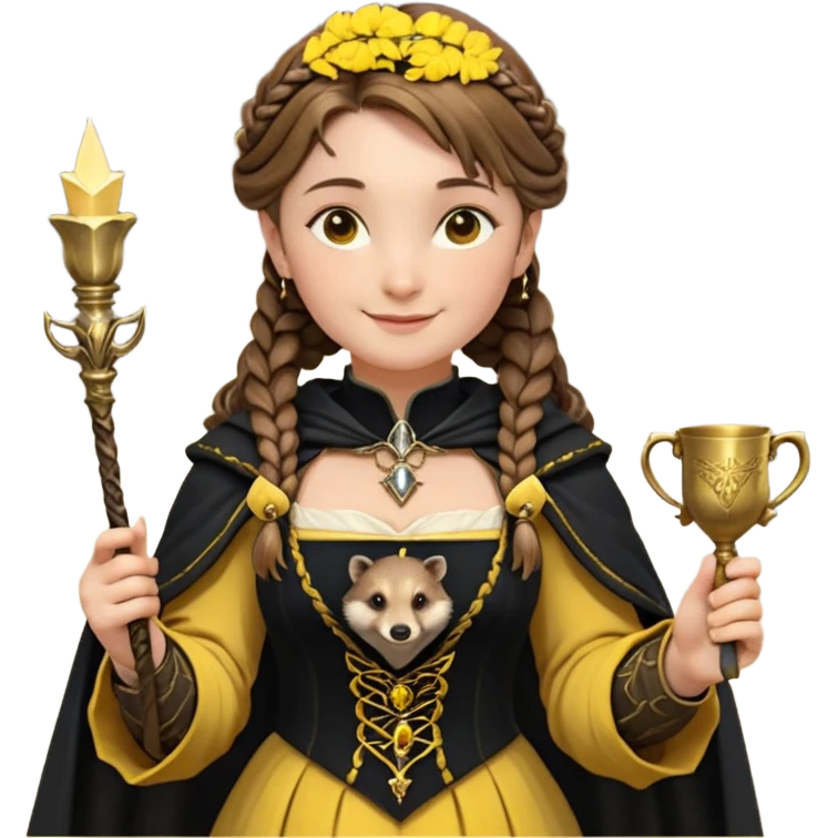 Helga Hufflepuff,the Hogwarts founder of Hufflepuff,brown-haired,2braids,yellow-black medieval dress with black cloak decorated with gold braiding,flickering magic wand and tiny two-handled shiny gold cup engraved with the badger silhouette,very kind smile,curvy busty sweet emoji