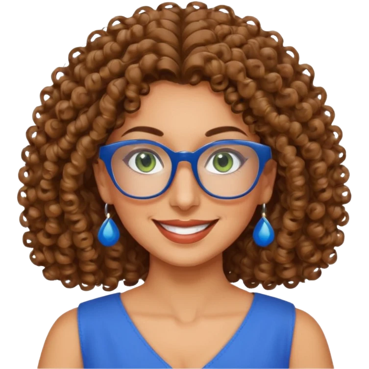 40 yr old Iranian woman, light brown very curly thick hair, shoulder length hair, green eyes, tan skin, big smile, big glasses, with pretty blue dress emoji