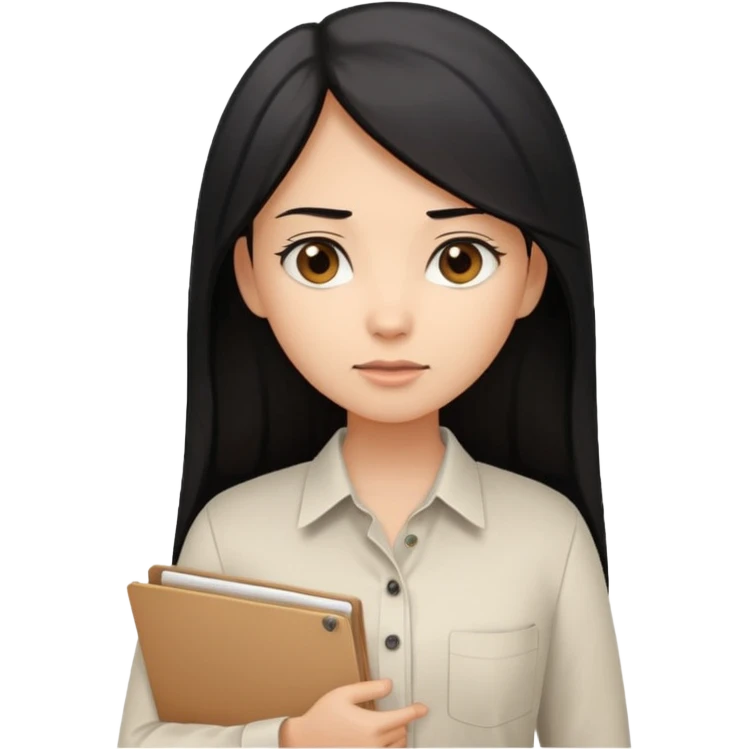 a light tan woman with long black hair past mid-back, round brown eyes, white button up v shirt, and manila folder in her hands. emoji