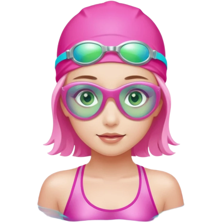 pretty girl with green eyes pink swim cap holographic swimming glasses and cute profesional swimmer pink swimsuit without her hair visible swimming emoji