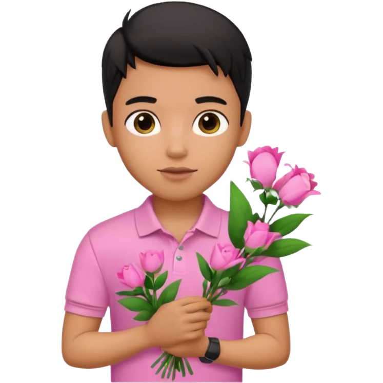 generate a pretty bratz boy wearing a pink polo shirt. Black middle part hair. handsome carrying flowers emoji