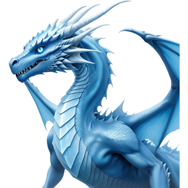 Cinematic Noble wise elegant Ice Dragon Portrait Emoji, Poised and imposing, distinct long elegant snout, with a slender, scaled body shimmering in glacial hues of icy blue, frostbitten silver, and crystalline white, breathing out frost, with piercing, glowing ice blue white eyes that radiate the chilling depths of an arctic storm; rendered in detail. Breathing out a frost mist emoji