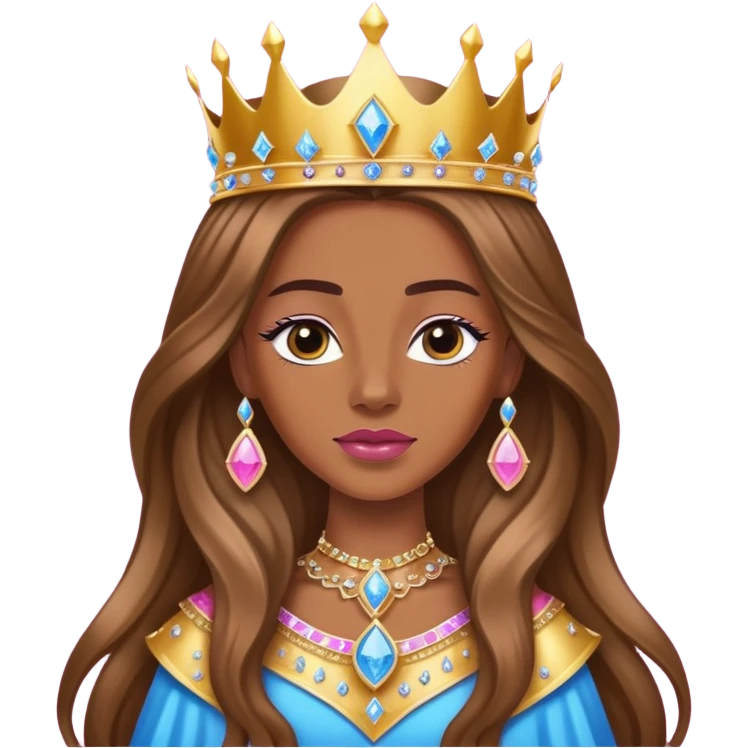Queen, brown long hair, golden crown encrusted with pink and blue diamonds emoji