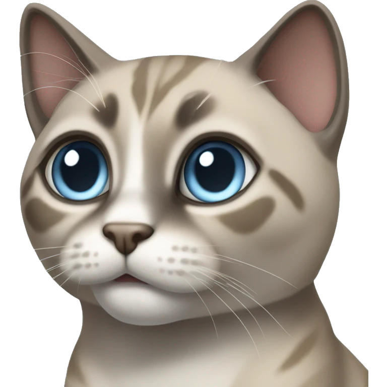 Thai breed realistic adult cat with a light cream-brown body, full dark gray face, ears, and paws. Short fur, sharp ears, striking light blue eyes  emoji