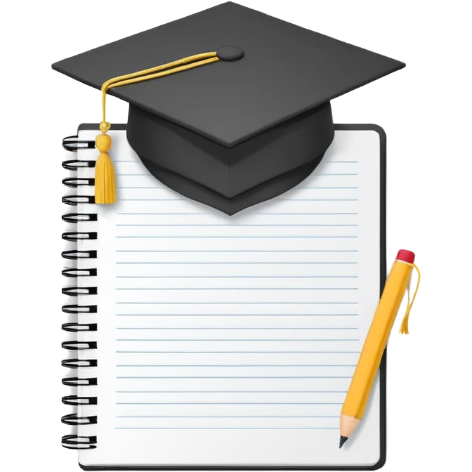 Front-facing school notebook with a small graduation cap on top, minimal line-art, clean modern style, straight angle, simple outlines, slightly 3D, no background, transparent, represents “school / sixth form / Year 13 emoji