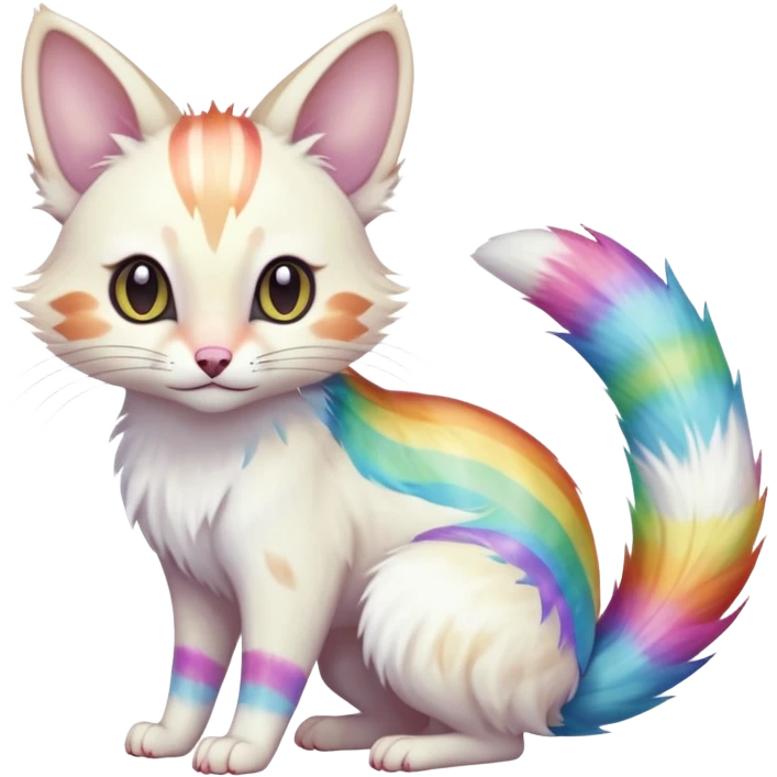  cute adorable white albino fur with random colorful iridescent rainbow markings beautiful elegant pretty precious cute  Fakémon-Pokémon-opossum-feline-serval-caracal-chinchilla-Minccino-hybrid-creature with a big fluffy bushy striped tail (full body) emoji