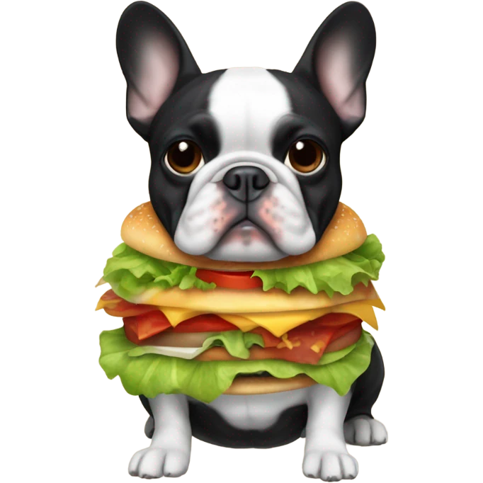 Black and white faced Frenchie wearing a burger costume emoji