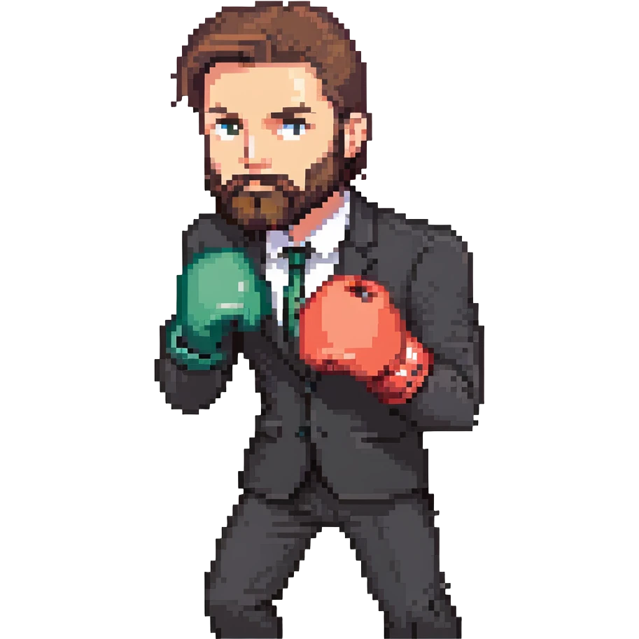 bearded man in a black suit, boxing pose emoji